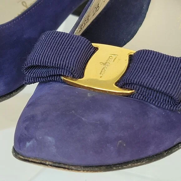 Vintage Salvatore Ferragamo Purple Nubuck Vara Plate Bow Low-Heel Pump Shoes 9AA - Picture 14 of 16